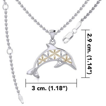 Swimming Dolphin with Flower of Life Silver and Gold Accent Pendant and Chain Set MSE975 - Jewelry